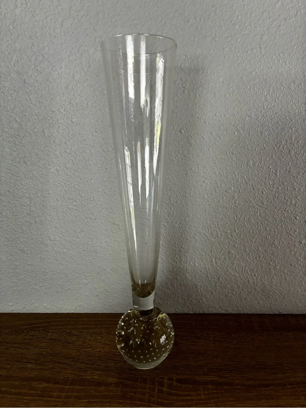 MCM 12” Clear Glass Trumpet Vase Bubble Base Vintage Minimalist